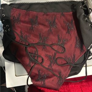 High-Waist Lace Overlay Swim Bottoms - Black & Burgundy